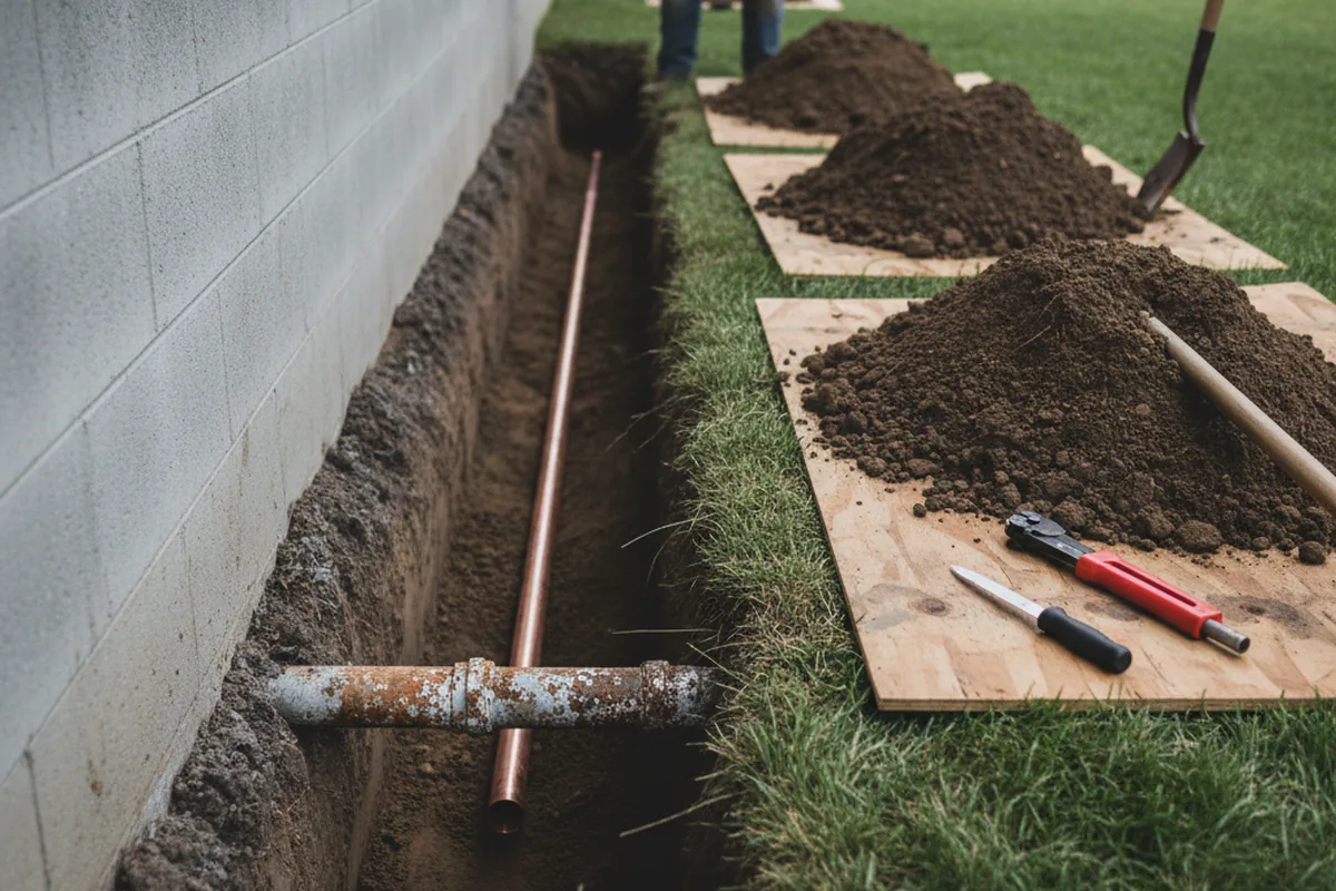 Excavated water line trench during Sewer Line Repair in Dry Fork